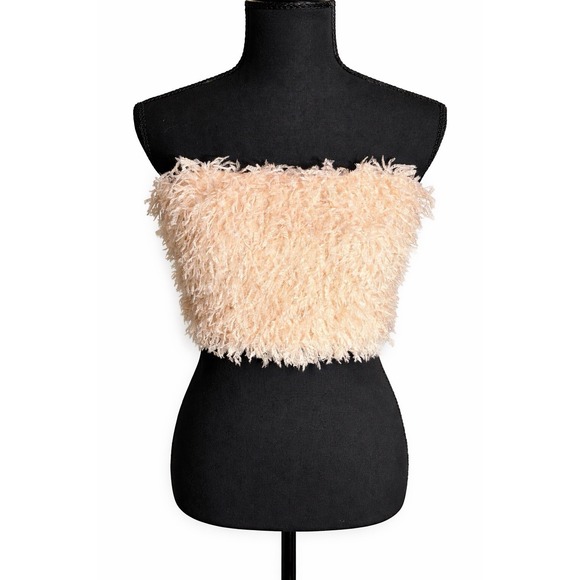 idem ditto Tops - Idem Ditto Strapless Feather Fringe Crop Top Cream Textured Tube Size M